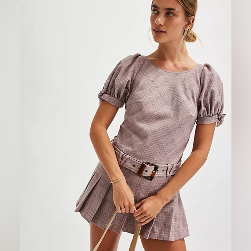 NWOT Free People Sevi Plaid Mini Dress in muted pink plaid